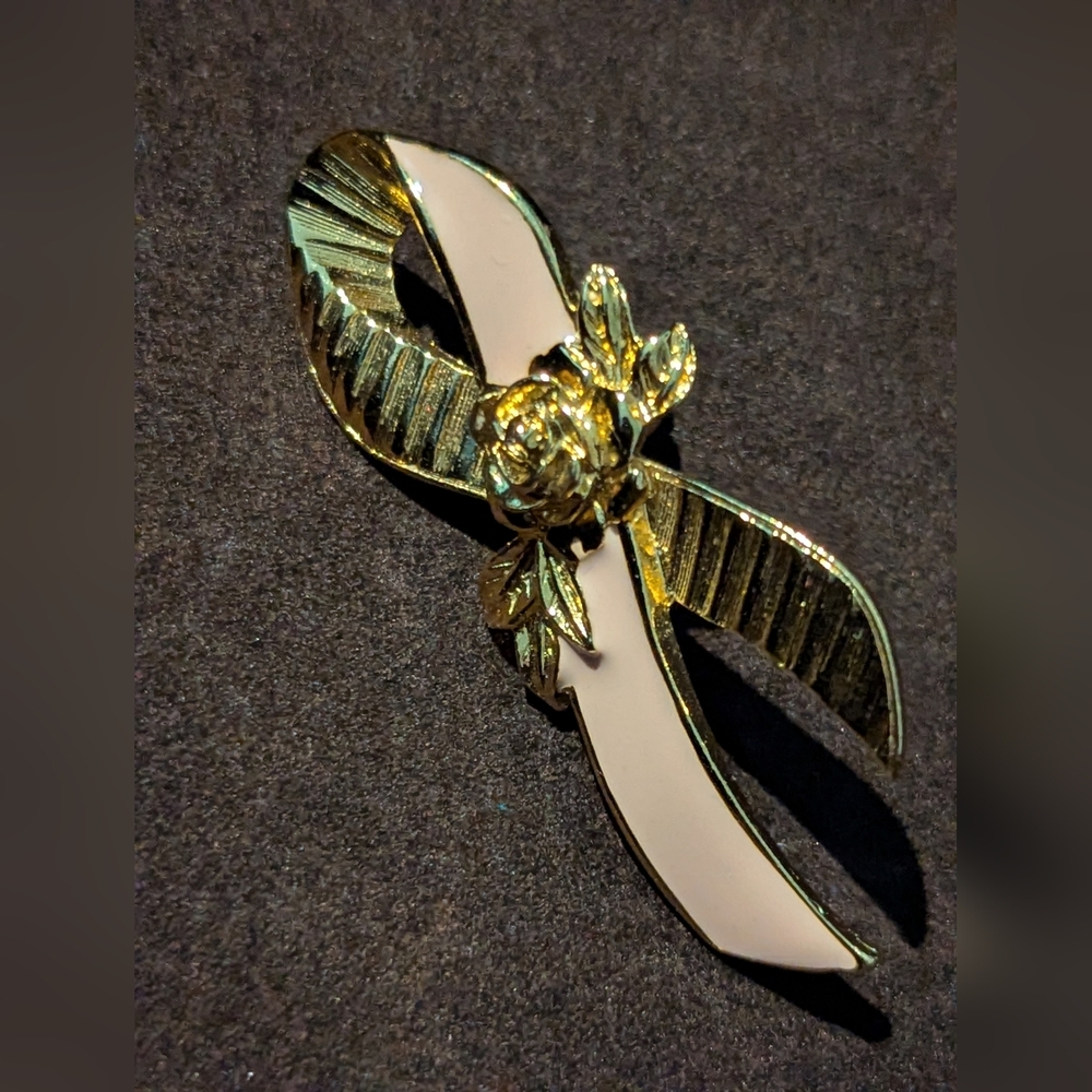 Vintage Avon Gold & Blush Breast Cancer Awareness Ribbon Brooch